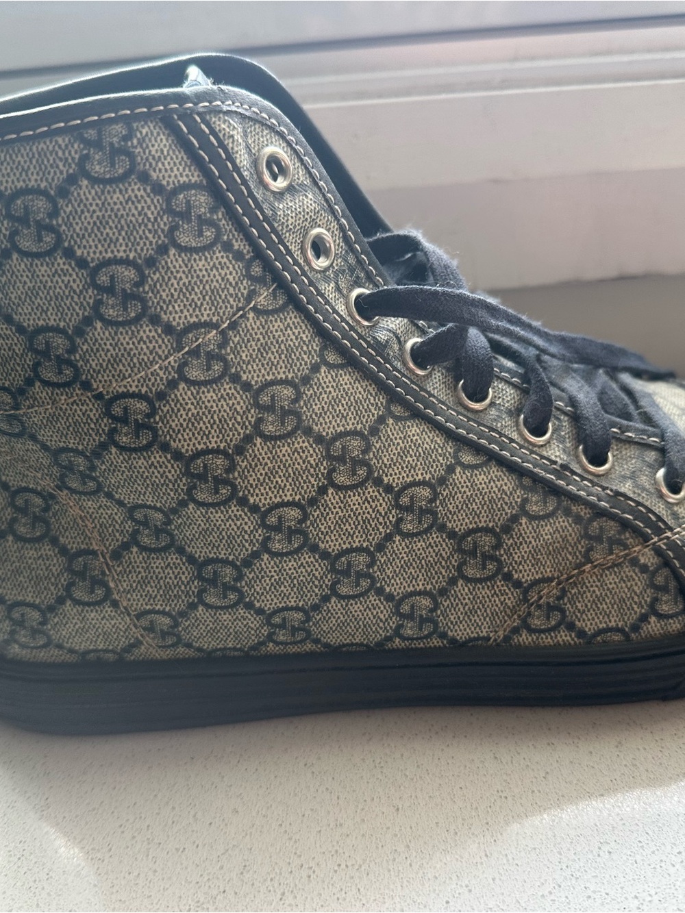 Gucci Monogram High-Top Sneakers in Beige and Black